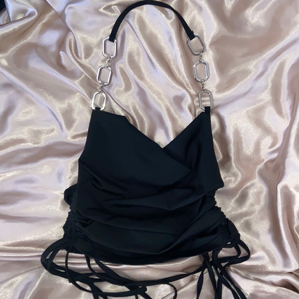 Black Halter Silver Chain Crop Top With Ruched Sides
